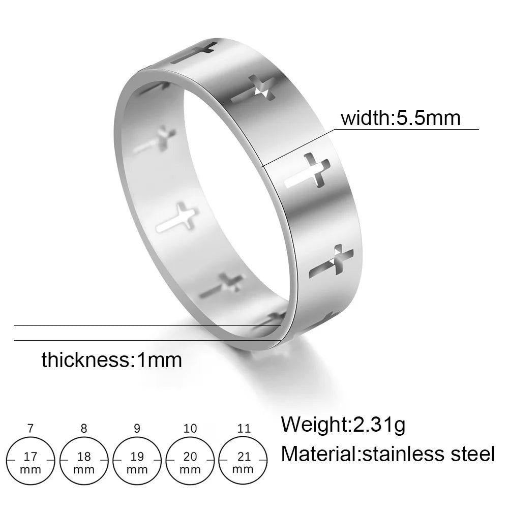 Silver ring with cross designs on a white background, showing measurements and material details.