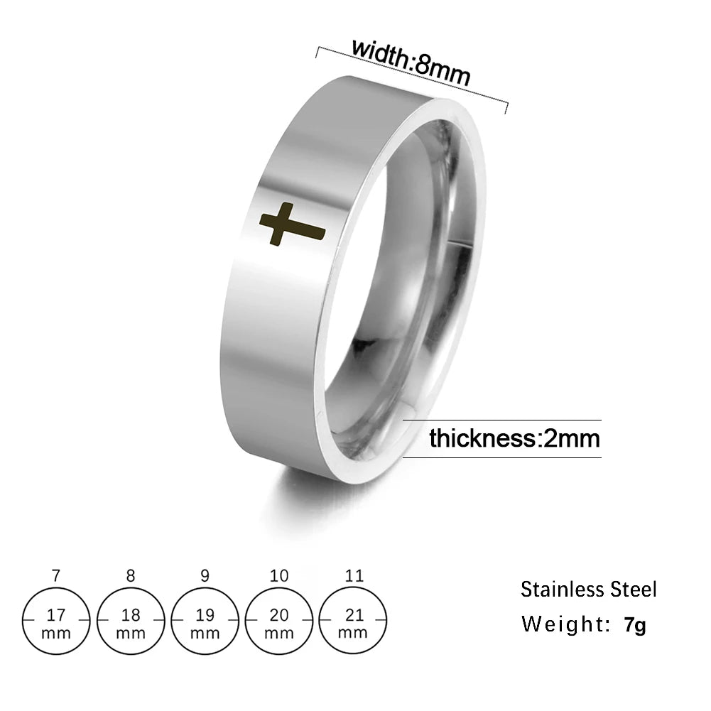 Silver ring with a cross design, showing measurements and size options on a white background.